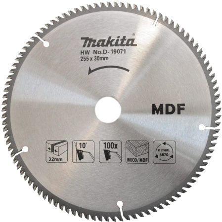 Диск пильный для резки дерева и MDF Makita, 255x30х2.4 мм; 100 зубьев (D-19071)